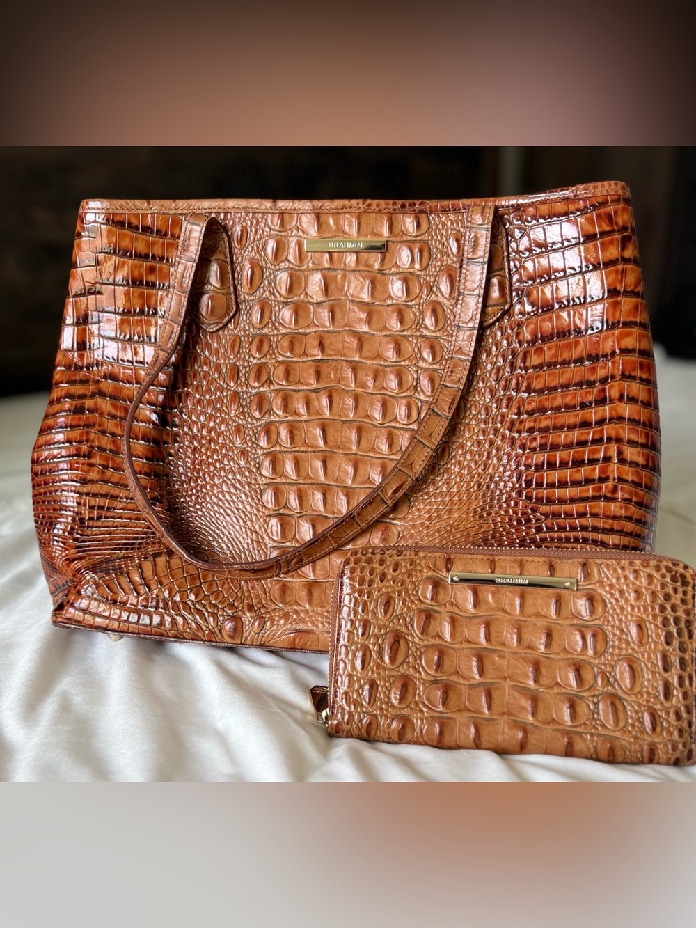 BRAHMIN Croc-Embossed Leather Tote and Wallet Set in Cognac Brown